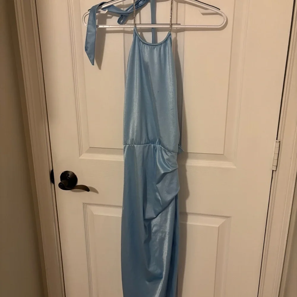 Lucy in the Sky Magdalena Satin Halter Maxi Dress in Blue size XS - Picture 2 of 7